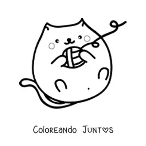 Imagen para colorear de un gato kawaii acostado jugando con un ovillo