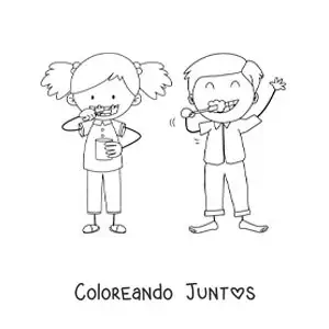 Imagen para colorear de una caricatura de dos niños cepillando sus dientes