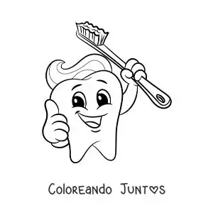 Imagen para colorear de una caricatura de un diente animado con un cepillo de dientes