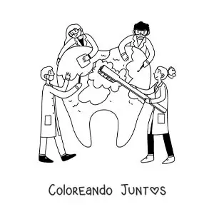 Imagen para colorear de un grupo de odontólogos cepillando un diente gigante