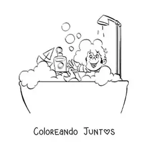 Imagen para colorear de un niño jugando en la bañera