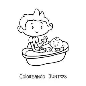 Imagen para colorear de un niño bañando a su hermano bebé