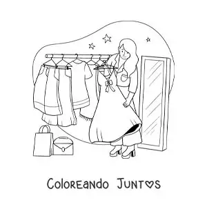 Imagen para colorear de una chica eligiendo un vestido y un bolso de su armario