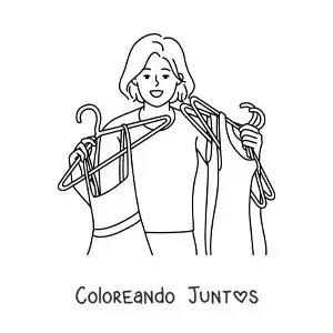 Imagen para colorear de una mujer sosteniendo varias perchas con vestidos de su armario