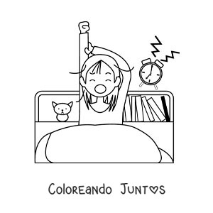 Imagen para colorear de una niña despertando en su habitación con un despertador