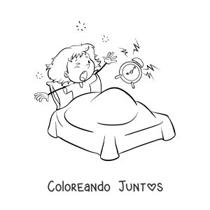Imagen para colorear de una niña animada despertando en su cama con un despertador