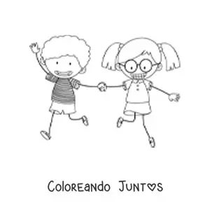 Imagen para colorear de un niño y una niña sujetados de las manos corriendo