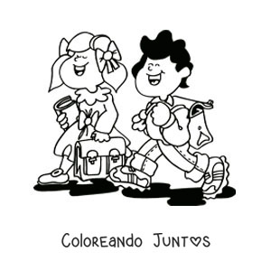 Imagen para colorear de una caricatura de dos niños de camino a la escuela