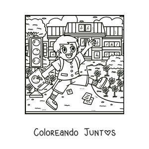 Imagen para colorear de un niño animado con su uniforme yendo a la escuela