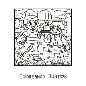 Imagen para colorear de dos niños animados caminando a la escuela