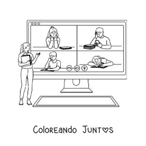Imagen para colorear de una pantalla de computador con niños estudiando en videollamada y la maestra explicando