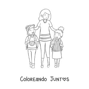 Imagen para colorear de una madre caminando con su hija y su hijo a la escuela