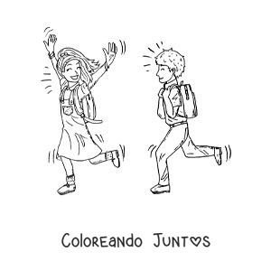 Imagen para colorear de dos niños corriendo a la escuela