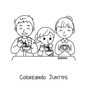 Imagen para colorear de una familia sentada a la mesa comiendo