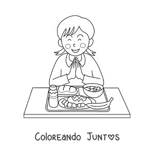 Imagen para colorear de una con las manos juntas agradeciendo el alimento del comedor escolar