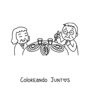 Imagen para colorear de una pareja de abuelos cenando comida saludable en la mesa