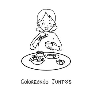 Imagen para colorear de una mujer comiendo el almuerzo en la mesa