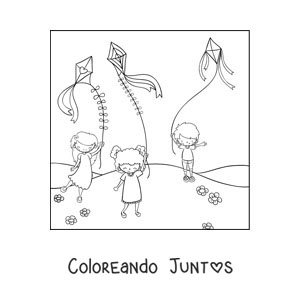 Imagen para colorear de niños volando cometas en el parque