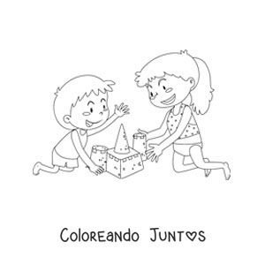 Imagen para colorear de una niña y un niño jugando en la playa