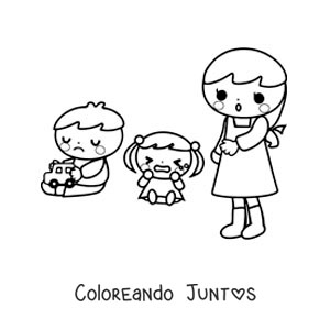 Imagen para colorear de dos niños jugando en el jardín de infantes con la maestra