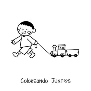 Imagen para colorear de un niño jugando con su tren de juguete