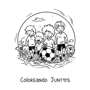 Imagen para colorear de un grupo de niños jugando fútbol
