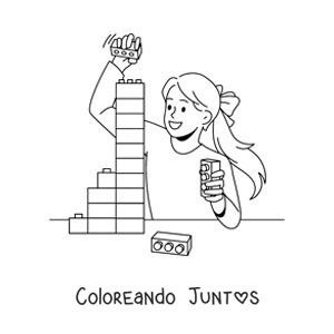Imagen para colorear de una niña jugando con bloques de juguete