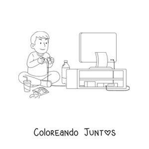 Imagen para colorear de un niño sentado jugando videojuegos frente al televisor