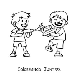 Imagen para colorear de dos niños amigos jugando con pistolas de agua