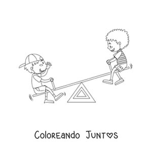Imagen para colorear de dos amigos niños jugando en un sube y baja