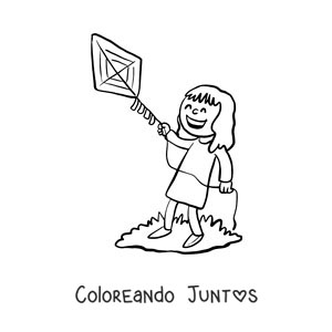 Imagen para colorear de una niña jugando con un cometa