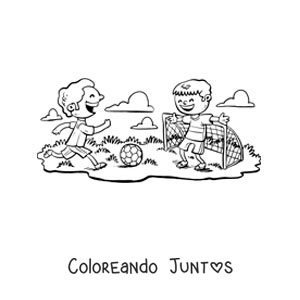 Imagen para colorear de dos niños animados jugando fútbol en el parque