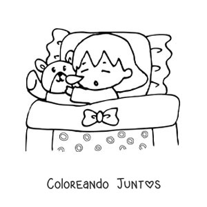 Imagen para colorear de una niña durmiendo con su oso de felpa en la cama