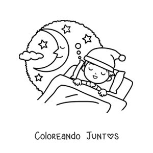 Imagen para colorear de un niño dormido en su cama con la luna en el fondo