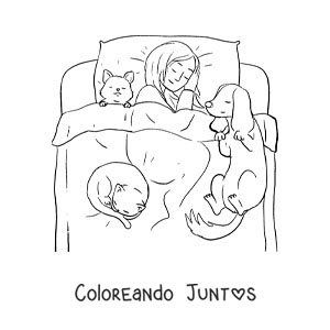 Imagen para colorear de una niña durmiendo en la cama con sus mascotas