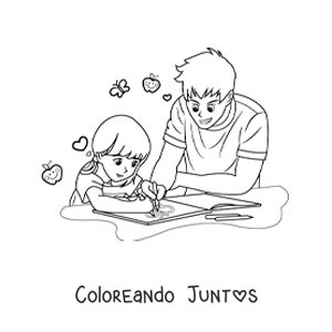 Imagen para colorear de un padre ayudando a su hija a hacer la tarea
