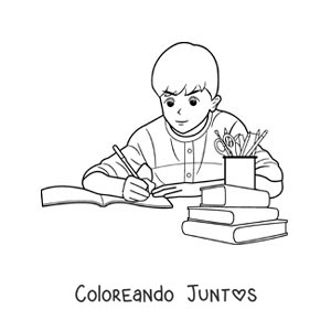 Imagen para colorear de un niño haciendo sus deberes en la mesa