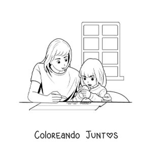 Imagen para colorear de una madre ayudando a su hija a hacer los deberes