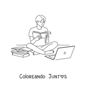 Imagen para colorear de un niño haciendo sus tareas con ayuda de una laptop