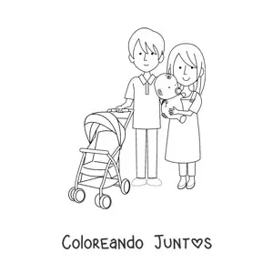Imagen para colorear de dos padres paseando a un bebé