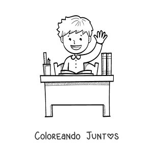 Imagen para colorear de un niño alzando la mano en un escritorio