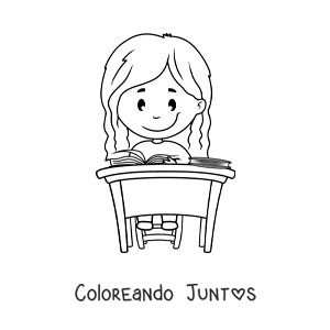 Imagen para colorear de una niña sentada estudiando en un escritorio