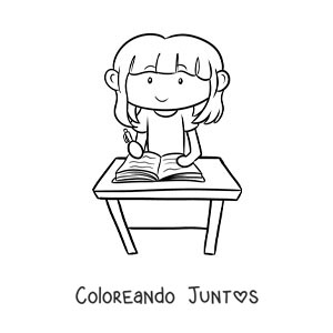 Imagen para colorear de una niña escribiendo su tarea en un escritorio