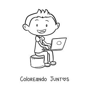Imagen para colorear de un niño sentado haciendo sus deberes en una computadora