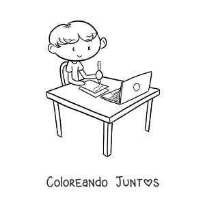 Imagen para colorear de un niño sentado escribiendo frente a una computadora