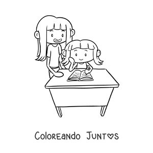 Imagen para colorear de una niña ayudando a su hermana a hacer los deberes