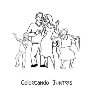 Imagen para colorear de una familia disfrutando con la abuela bailando a un lado