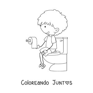 Imagen para colorear de un niño sentado en el inodoro con papel de baño