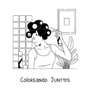Imagen para colorear de una mujer peinando su cabello con laca
