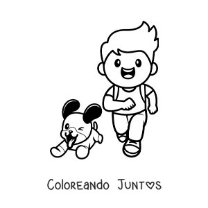 Imagen para colorear de un niño corriendo con su perro kawaii